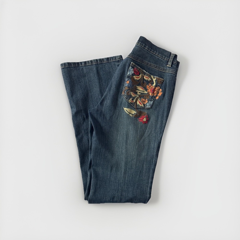 TINT Womens Dark Wash Embroidered Floral Back Pocket Bootcut Jeans Size 4